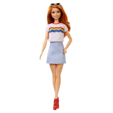 Papusa Barbie Fashionista cu fustita si tricou curcubeu