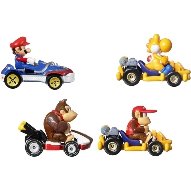 Mario Kart Hot Wheels Diecast Vehicle 4-Pack 1/64 Mario, Donkey Kong, Diddy Kong, Orange Yoshi
