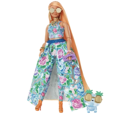 Barbie Extra Fancy -  Papusa blonda cu rochie cu imprimeu floral si animal de companie pisica