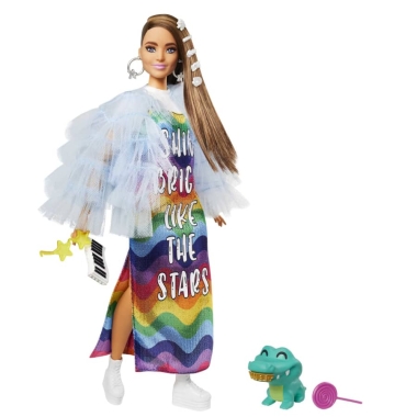 Barbie Extra - Papusa cu rochie curcubeu si animal de companie crocodil (model #9)
