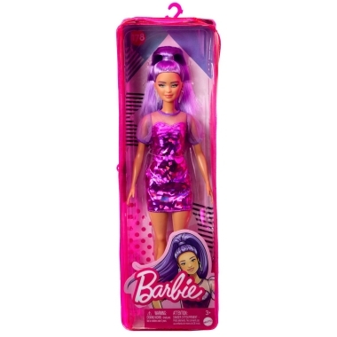 Barbie Fashionistas cu par mov cu rochie cu umeri bufanti