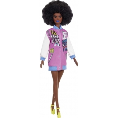 Papusa Barbie Fashionista cu parul afro si jacheta lila